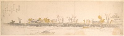 Egy földnyelven sétáló alakok; víz és csónakok az előtérben alkotó: Katsushika Hokusai