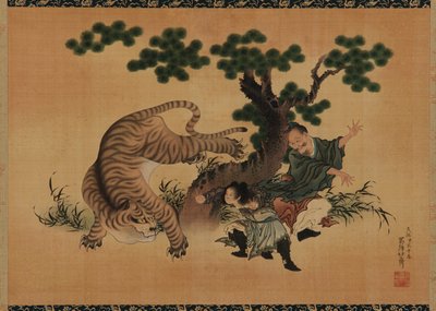 Gyermeki jámborság: Yang Hsiang megmenti apját egy tigristől, 18. század vége – 19. század eleje. alkotó: Katsushika Hokusai