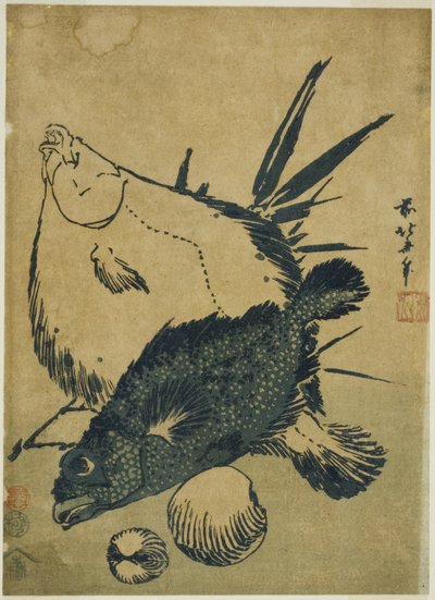 Lepényhalak, skorpióhalak és kagylók a csubanyomatok cím nélküli sorozatából alkotó: Katsushika Hokusai
