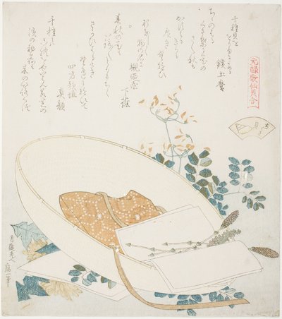 Frissen szedett virágok utazósapkában, illusztráció a The Thousand-grasses Shell (Chigusagai) számára, a „Megfelelő játék Genroku-kori vershéjakkal (Genroku kasen kai awase)” sorozatból. alkotó: Katsushika Hokusai