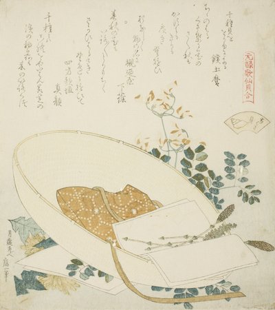Frissen szedett virágok egy utazó kalapjában, illusztráció a The Thousand-grasses Shell-hez alkotó: Katsushika Hokusai