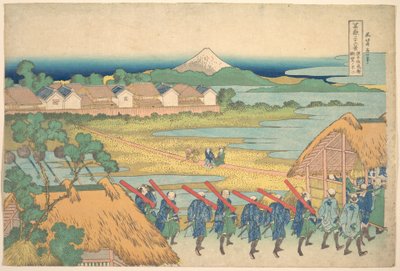 A Fuji-hegy a Senju szórakoztató negyedből a távolban (Senju kagai yori chōbō no Fuji), a „A Fuji-hegy harminchat látképe” (Fugaku sanjūrokkei) című sorozatból alkotó: Katsushika Hokusai
