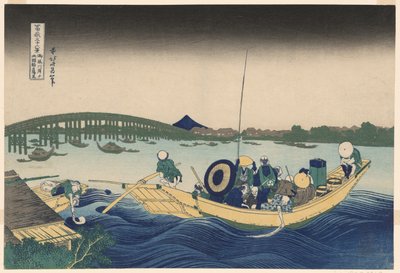 Fudzsi Ommayagashiból Alkonyattal a Ryogoku híd felett (Ommayagashi yori ryogokubashi sekiyo o miru), a „Harminchat kilátás a Fudzsi-hegyről (Fugaku sanjurokkei)” sorozatból alkotó: Katsushika Hokusai