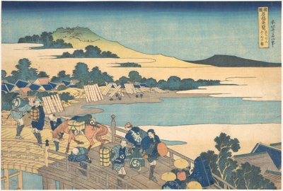 A Fukui-híd Echizen tartományban (Echizen Fukui no hashi), a „Különleges hídkilátások a különböző tartományokban” (Shokoku meikyō kiran) című sorozatból alkotó: Katsushika Hokusai