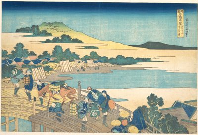 A Fukui-híd Echizen tartományban (Echizen Fukui no hashi), a „Különleges hídkilátások a különböző tartományokban” (Shokoku meikyō kiran) című sorozatból alkotó: Katsushika Hokusai
