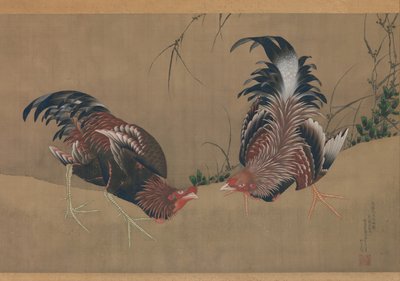Gamecocks, 1838-ban. alkotó: Katsushika Hokusai