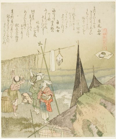 Hanging Abalone Out to Dry, illusztráció az Abalone-hoz (Awabi), a "Megfelelő játék Genroku-kori vershéjakkal (Genroku kasen kai awase)" sorozatból. alkotó: Katsushika Hokusai