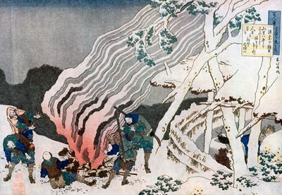 Vadászok tűznél a hóban, 1835. alkotó: Katsushika Hokusai