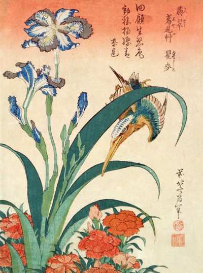 Kingfisher, Iris és Pinks, kocsma. Nishimura Eijudo, 1832 körül, az egyik a tíz lenyomatból álló készletből (chuban méret, színes fatömb) alkotó: Katsushika Hokusai