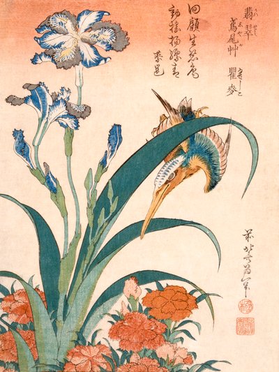 Kingfisher, Irises and Pinks, megjelent 1834-ben. alkotó: Katsushika Hokusai