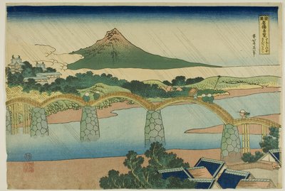 Kintai híd Suo tartományban (Suo no kuni Kintaibashi), a "Különböző tartományok híres hídjainak szokatlan nézetei (Shokoku meikyo kiran)" sorozatból. alkotó: Katsushika Hokusai