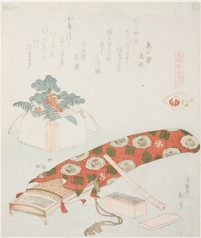 Koto és újévi ajánlat, illusztráció az Akoya Beach Shell-hez (Akoyagai), a „Megfelelő játék Genroku-kori vershéjjal (Genroku kasen kai awase)” sorozatból. alkotó: Katsushika Hokusai