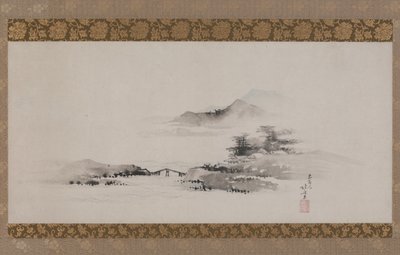 Tájkép, Edo-korszak, 1801-2002 körül (tinta és szín a papíron, függő tekercsként rögzítve) alkotó: Katsushika Hokusai
