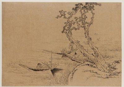 Táj: csónakból halászó alakok, 18. század vége – 19. század eleje. alkotó: Katsushika Hokusai