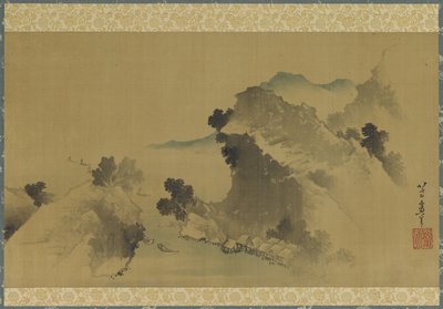 Táj: hegyek, patak és csónakok, Edo-korszak (tinta és szín a selyempanelen) alkotó: Katsushika Hokusai