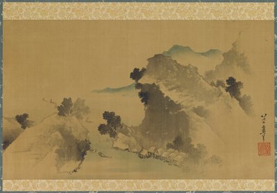 Tájkép: hegyek, patak és csónakok, 18. század vége-19. század eleje. alkotó: Katsushika Hokusai