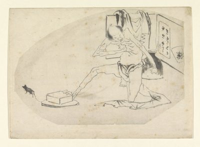 Férfi ágyékkötőben, dobozban és egérben alkotó: Katsushika Hokusai