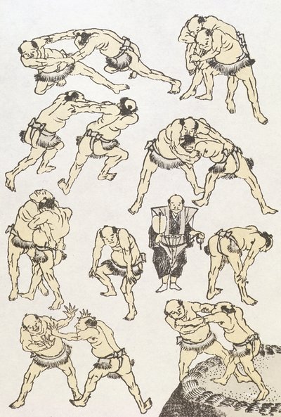 Manga: tanulmányok a birkózók gesztusairól és testtartásáról, pub. 1849, (színes fametszet) alkotó: Katsushika Hokusai