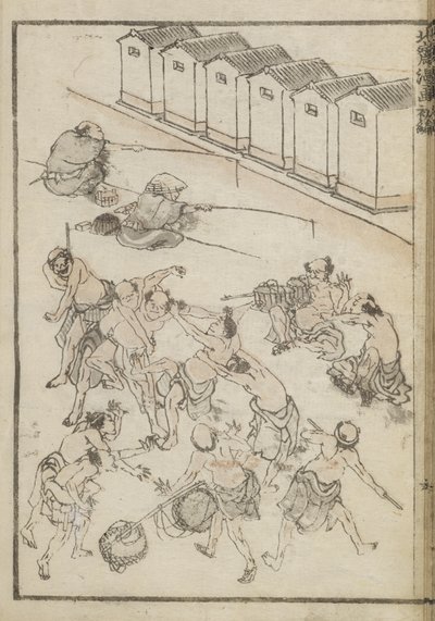 Férfi birkózás és horgászat (faminta) alkotó: Katsushika Hokusai