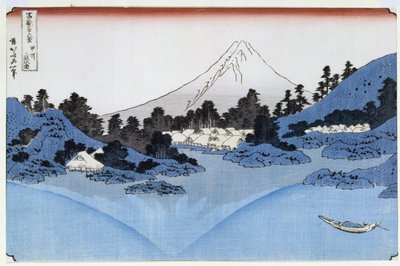A Fudzsi-hegy tükröződik a Misaica-tóban, a „36 kilátás a Fudzsi-hegyre” („Fugaku sanjurokkei”) sorozatból (fatömbnyomat) alkotó: Katsushika Hokusai