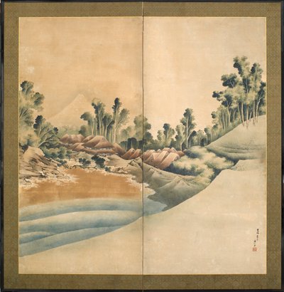 Fuji-hegy és Enosima, Edo-korszak, 1825 körül (tinta és szín a papíron) alkotó: Katsushika Hokusai