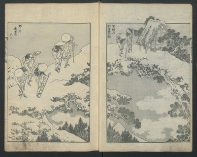 A Fuji-hegy a híd alatt balra, a Fudzsi-hegy a háló mögött jobbra, a Száz Vi...-tól, kb. 1847. alkotó: Katsushika Hokusai