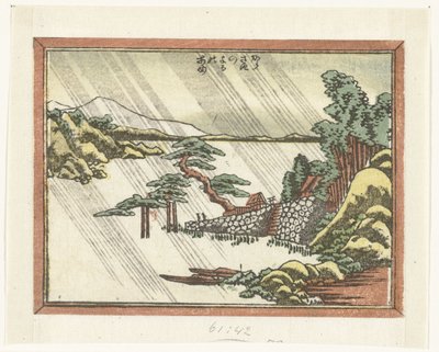 Éjszakai eső Karasakiban Karasaki no yoru no ame (cím a tárgyon) Gravírozott nyolc nézet Omi tartományról (sorozat címe) Doban Omi hakkei (sorozat címe) alkotó: Katsushika Hokusai