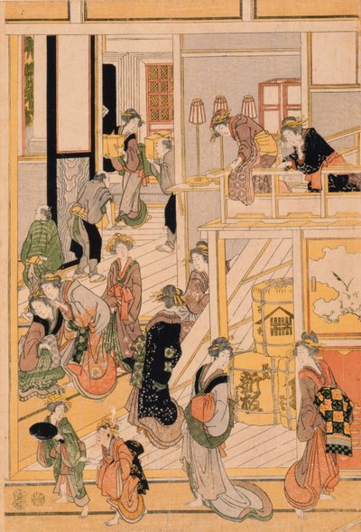Újév napja az Ogi-ya Teaházban. c.1810 (színes fatömbnyomat) (a készlethez lásd: 277796-277798) alkotó: Katsushika Hokusai