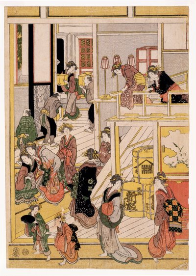 Ogi-ya teaház újévi napjai, 1810 körül (fatömbnyomatok) (lásd még: 406534, 406535 és 406536) alkotó: Katsushika Hokusai