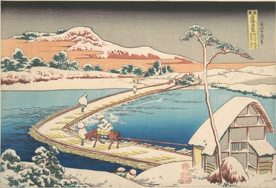 Régi látkép a Kōzuke tartománybeli Sano-i csónakhídról (Kōzuke Sano funabashi no kozu), a „Különféle tartományok híres hídjainak látképei” (Shokoku meikyō kiran) című sorozatból alkotó: Katsushika Hokusai