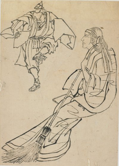 Padon ülő öregasszony, aki előtt legyezős férfi táncol, 18. század vége-XIX. század eleje. alkotó: Katsushika Hokusai