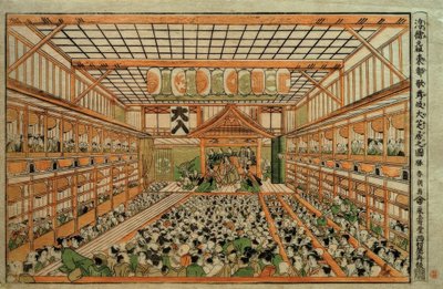 Eredeti perspektivikus kép az edói Nagy Kabuki Színházról alkotó: Katsushika Hokusai