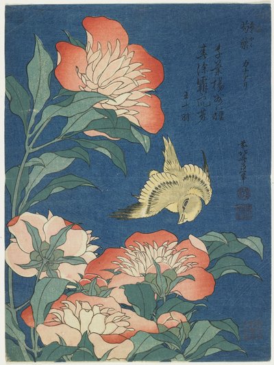 Pünkösdi rózsa és kanári, c. 1833 alkotó: Katsushika Hokusai