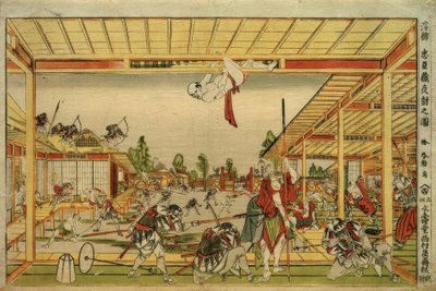 Perspektivikus kép a 47 hűséges vazallus éjszakai támadásáról alkotó: Katsushika Hokusai