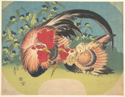 Kakas, tyúk és csirke pókhálófüvvel alkotó: Katsushika Hokusai