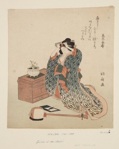 Shamisen Player Adjusting Her Hair (színes fatömb nyomat) alkotó: Katsushika Hokusai