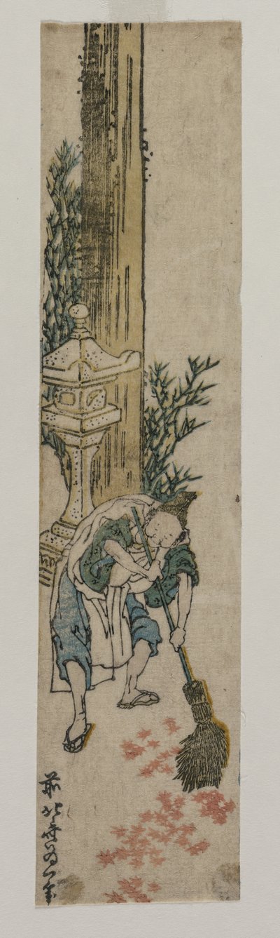 Shrine Attendant gereblyézte juharleveleket, c. 1830 vagy 1830-as évek eleje. alkotó: Katsushika Hokusai