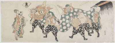 Hat férfiisten az oroszlántáncban, 1797-1819 (színes fatömbnyomat) alkotó: Katsushika Hokusai