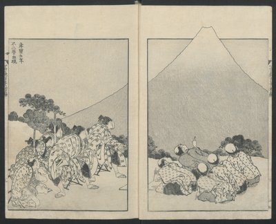 Lecsúszva balra, a Fuji megnyitása jobbra a Fuji-hegy száz nézetéből, 1834. alkotó: Katsushika Hokusai