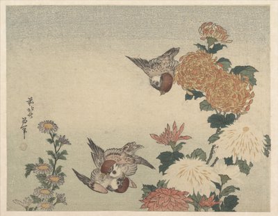 Verébek és krizantémok alkotó: Katsushika Hokusai