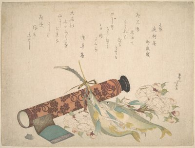 Csendélet: Két cseresznyevirágos ág, távcső, édeshal és papírzsebkendő-tok alkotó: Katsushika Hokusai