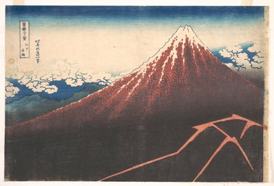 Vihar a Fuji-hegy lábánál (Sanka no haku u), a „A Fuji-hegy harminchat látképe” (Fugaku sanjūrokkei) című sorozatból alkotó: Katsushika Hokusai