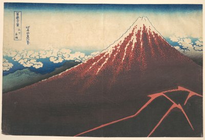 Vihar a Fuji-hegy lábánál (Sanka no haku u), a „A Fuji-hegy harminchat látképe” (Fugaku sanjūrokkei) című sorozatból alkotó: Katsushika Hokusai