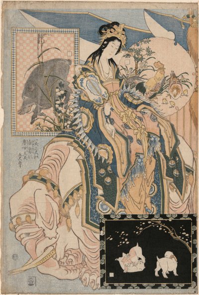 Tang Lady egy fehér elefánton, egy díszletből Óriás szalmaművek reklámozása egy tisztességes attrakcióban alkotó: Katsushika Hokusai