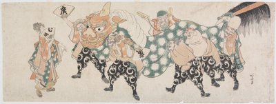 A szerencse hét istene az oroszlán-táncban alkotó: Katsushika Hokusai