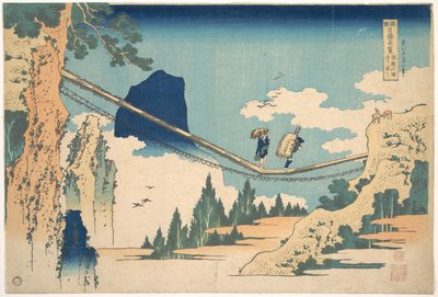 A Hida és Etchū tartományok határán álló függőhíd (Hietsu no sakai tsuribashi), a „Különféle tartományok híres hídjainak látképei” (Shokoku meikyō kiran) című sorozatból alkotó: Katsushika Hokusai