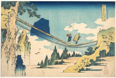 A Hida és Etchū tartományok határán álló függőhíd (Hietsu no sakai tsuribashi), a „Különféle tartományok híres hídjainak látképei” (Shokoku meikyō kiran) című sorozatból alkotó: Katsushika Hokusai