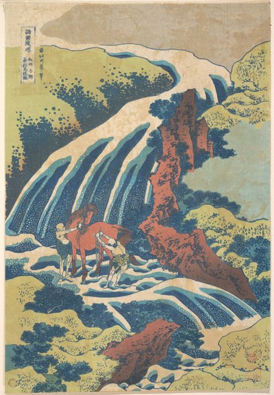 A vízesés, ahol Yoshitsune megmosta a lovát Yoshino városában, a Yamato tartományban (Washū Yoshino Yoshitsune uma arai no taki), a „Vízesések körútja a különböző tartományokban” (Shokoku taki meguri) című sorozatból alkotó: Katsushika Hokusai