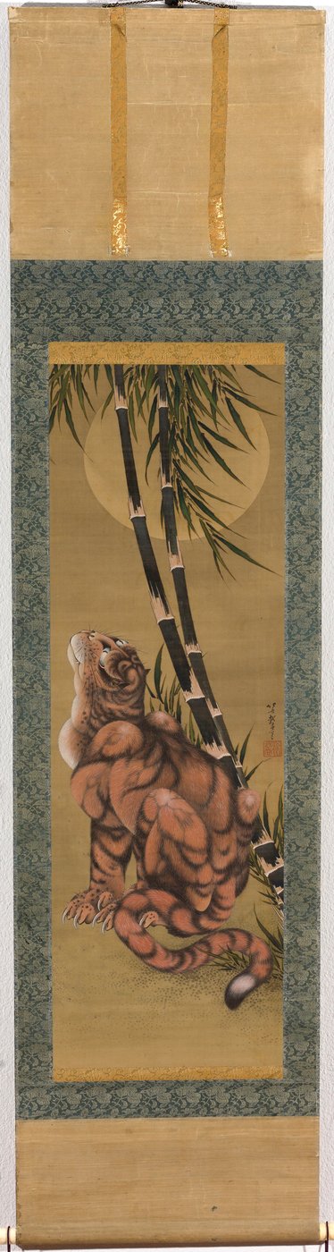 Tigris a bambuszok között a teliholdat nézi alkotó: Katsushika Hokusai