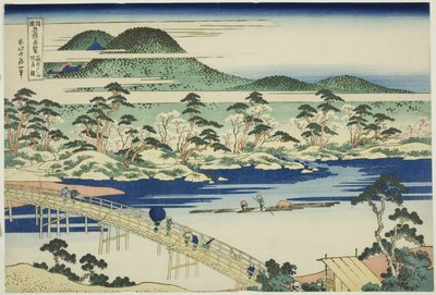 Togetsu híd Arashiyamánál Yamashiro tartományban (Yamashiro Arashiyama no Togetsukyo), a "Szokatlan kilátások híres hídjairól különböző tartományokban (Shokoku meikyo kiran)" sorozatból. alkotó: Katsushika Hokusai